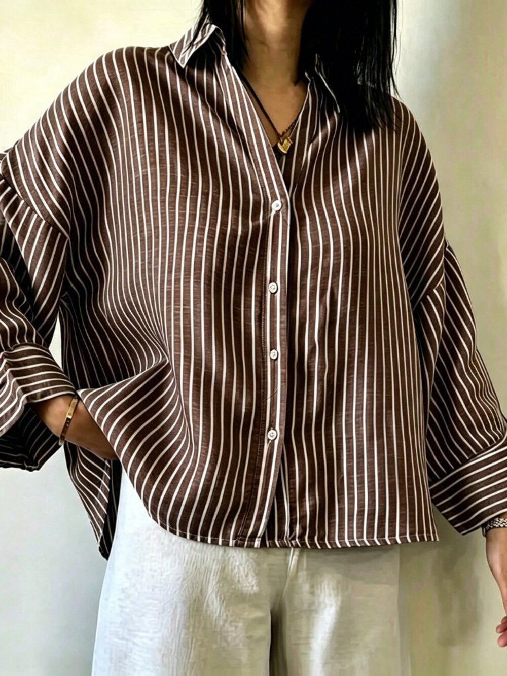Coffee Brown Casual Women's Striped Top